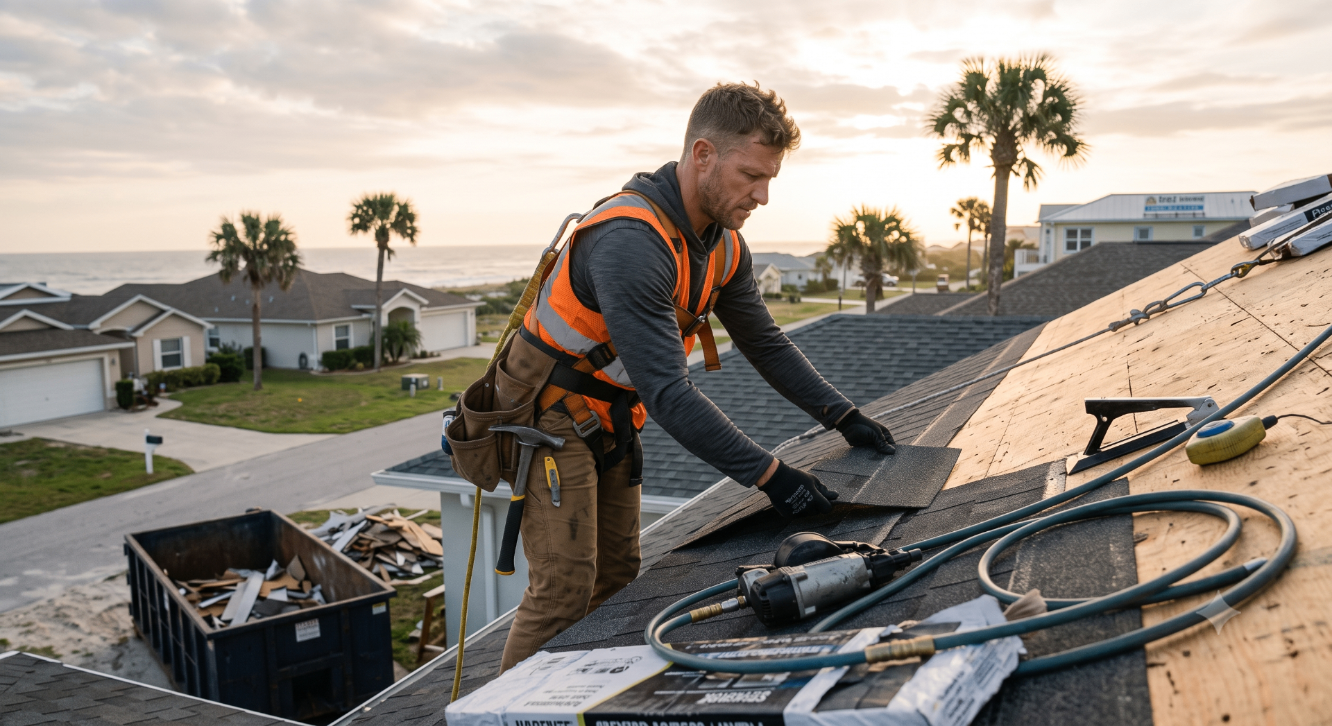 Roofing contractor installing shingles on a coastal Florida home