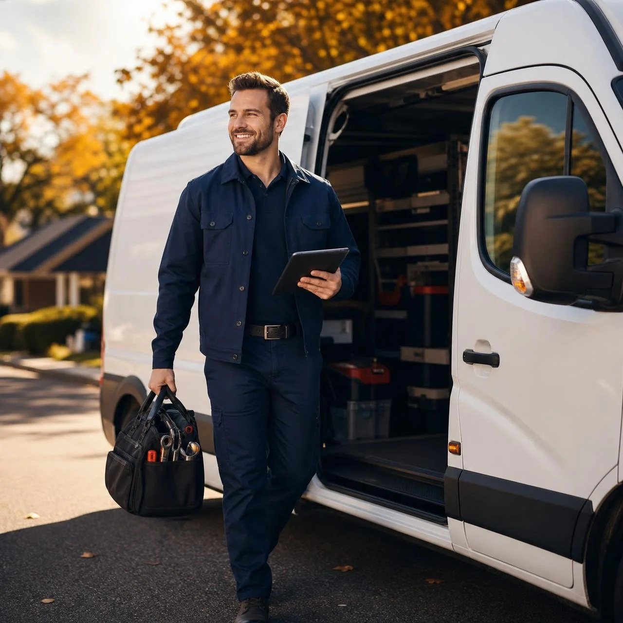 Friendly service technician stepping out of a white service van in daylight holding a tablet and tool bag