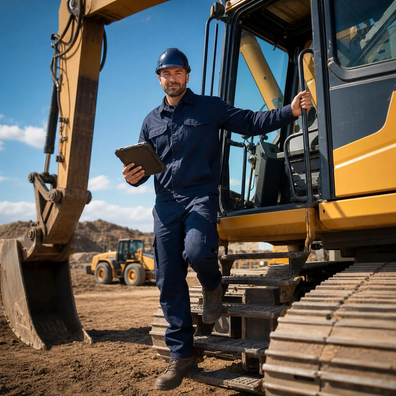 Heavy equipment technician in a hard hat holding a tablet while stepping down from an excavator at a daylight job site