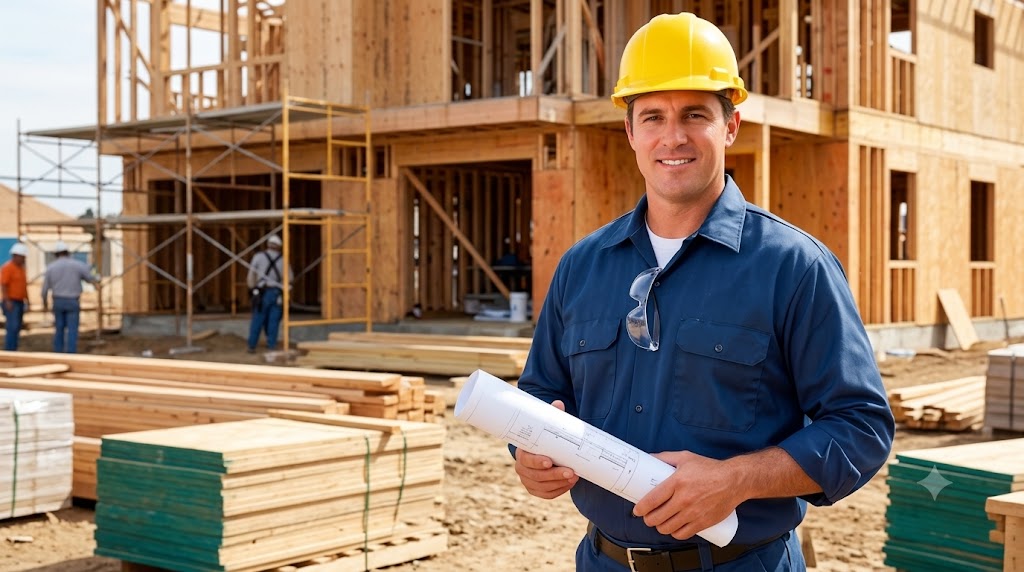 Contractor with hard hat and blueprints