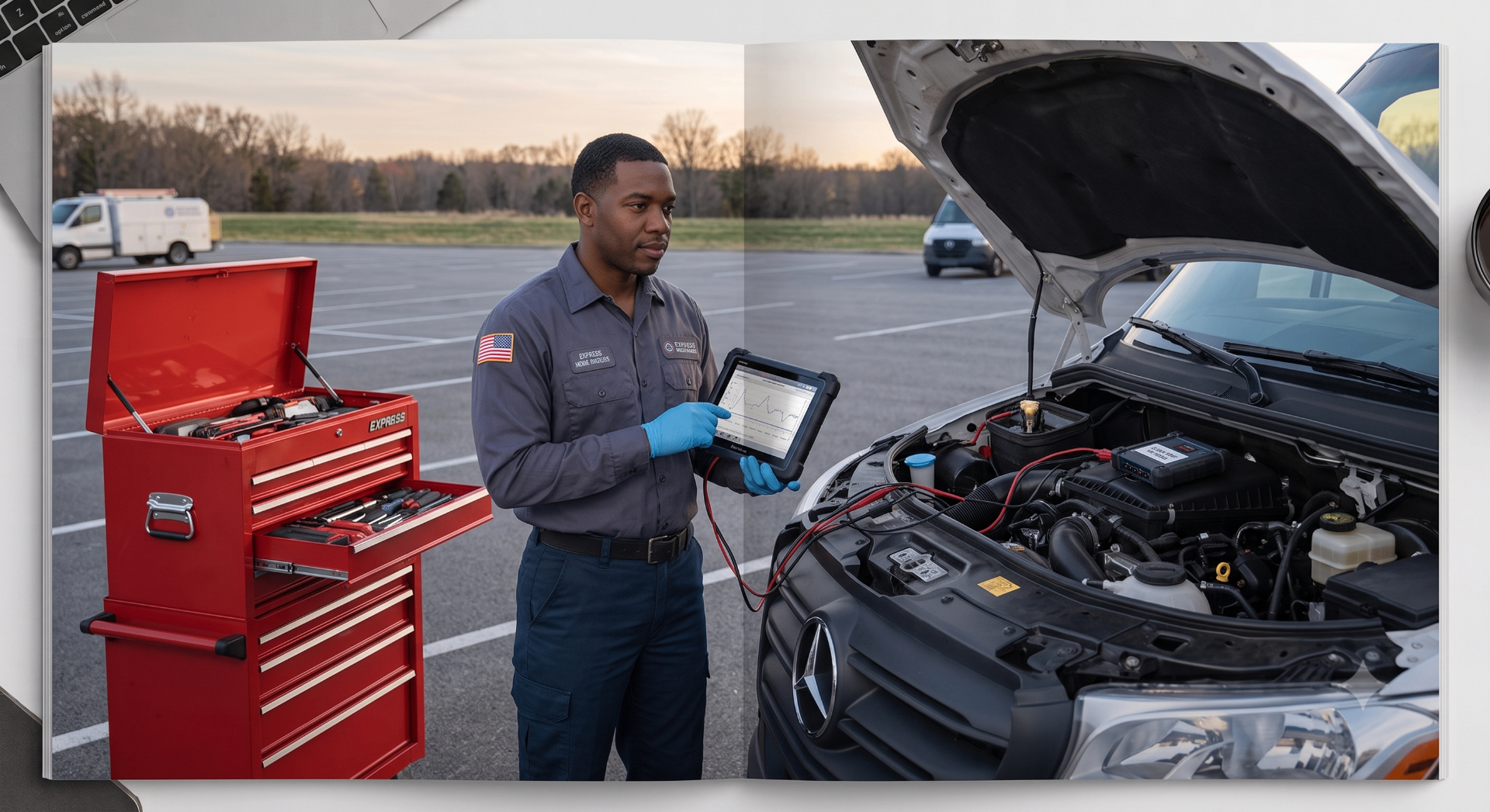 Mobile mechanic running diagnostics on a service van engine
