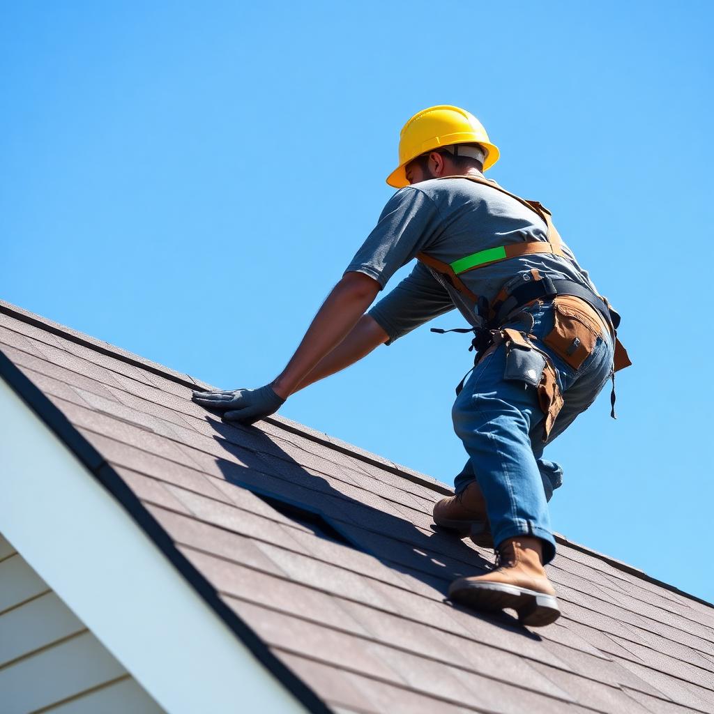 Professional roofer installing shingles
